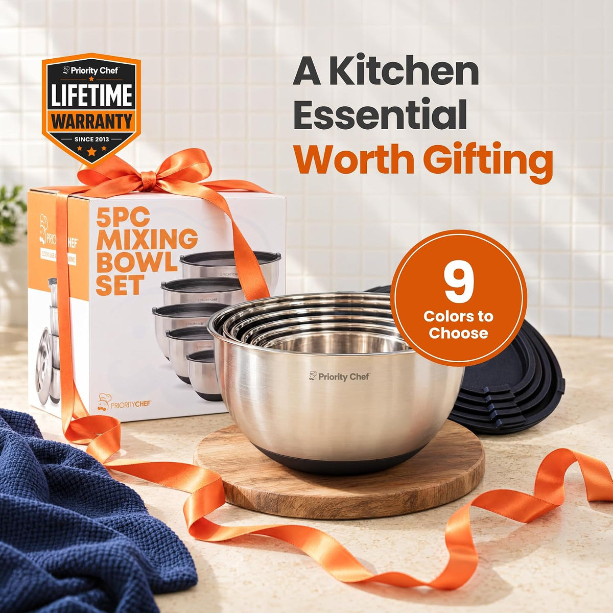 Premium Mixing Bowls with Airtight Lids Set, Thicker Stainless Steel, Black – another angle