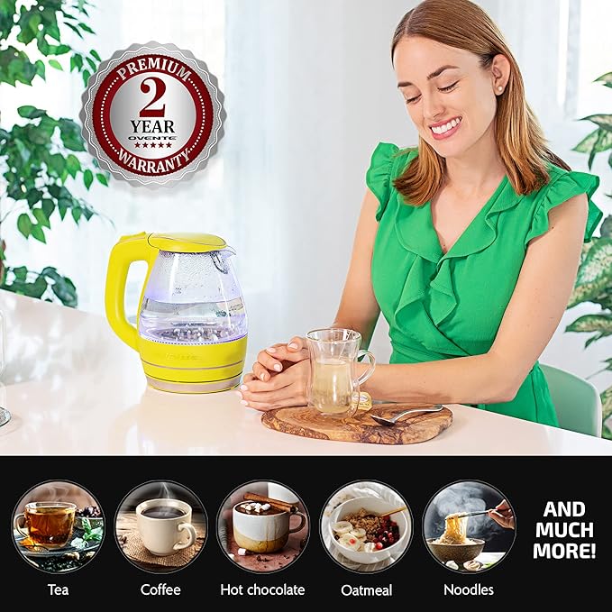 OVENTE Electric Kettle, 1.5L Borosilicate Glass Countertop Water Heater and Boiler for Coffee or Tea, BPA-Free, Auto Shut-Off, Boil-Dry Protection, Removable and Washable Spout Filter, Green KG83G