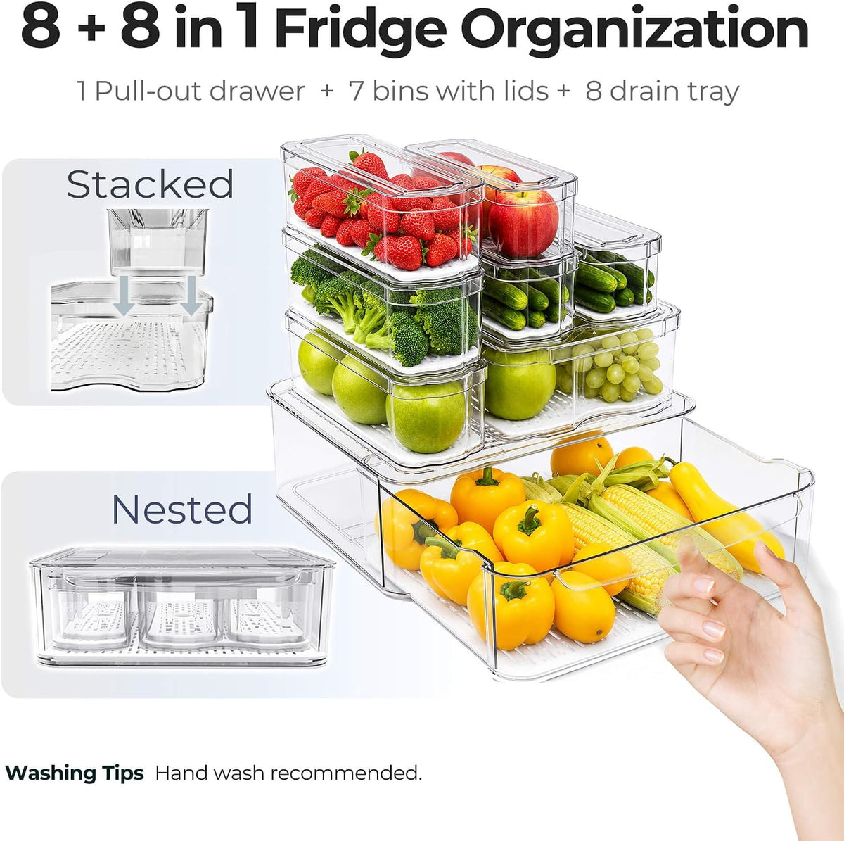 Clear Fridge Bins with Drain Trays - BPA-Free PET, Stackable (8) – set view