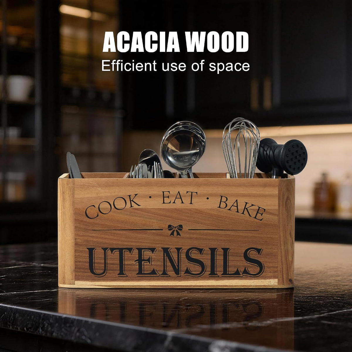 Utensil Holder for Kitchen Countertop - Extra Large 4 Compartment Wooden – another angle