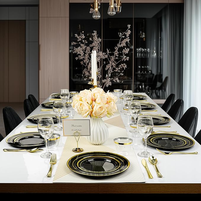 Disposable Plastic Plates Set, Black Gold, 300 Pieces for 50 Guests