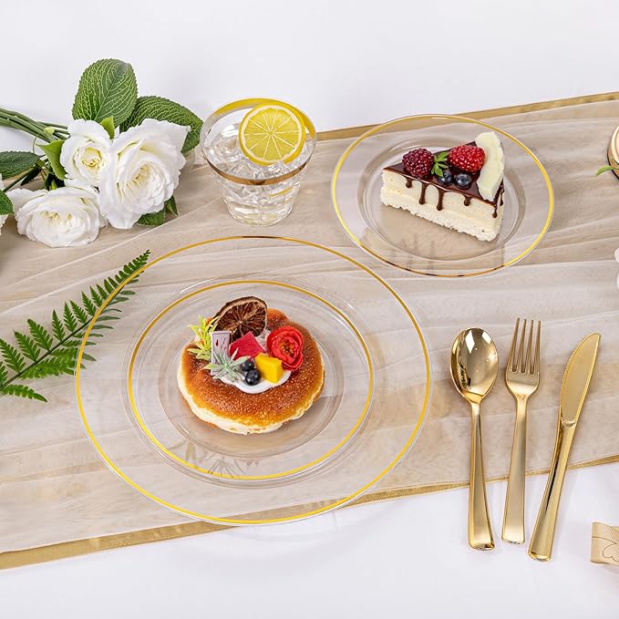 Plastic Plates with Gold Rim, 350 Pieces Serves 50 Guests