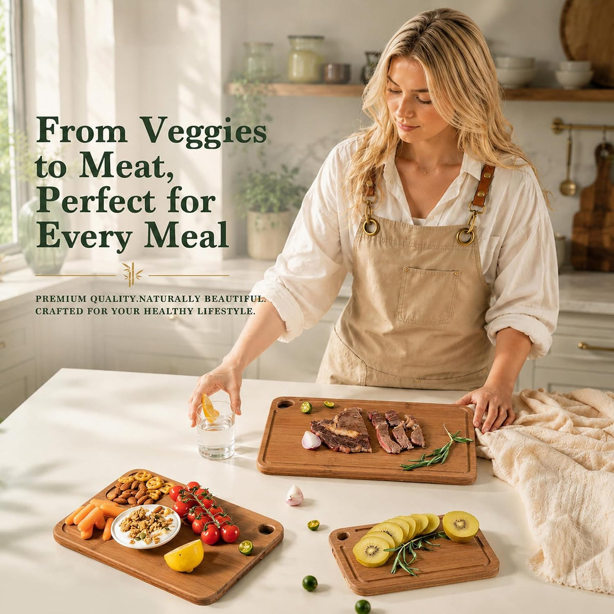 Bamboo Cutting Board 3-Piece Wooden Cutting Board & Knife Sets for kitchen – another angle
