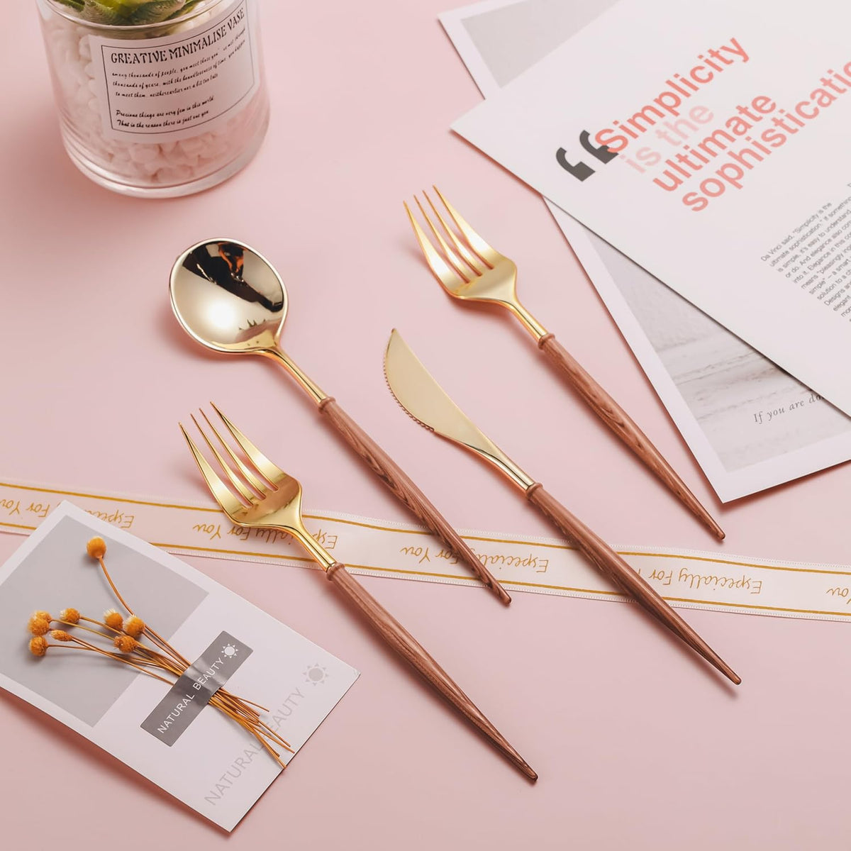 120PCS High End Gold Plastic Silverware with Wood Grain Handle – set view