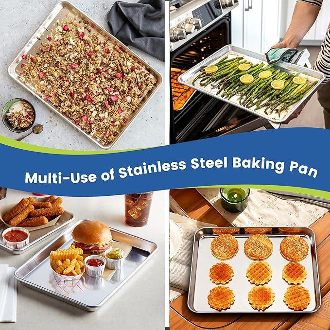 6 Pack Stainless Steel Baking Sheet Pans, 12.5" L × 9.6" W × 1" H Cookie Sheets for Toaster Oven, Rust-Resistant, Dishwasher Safe