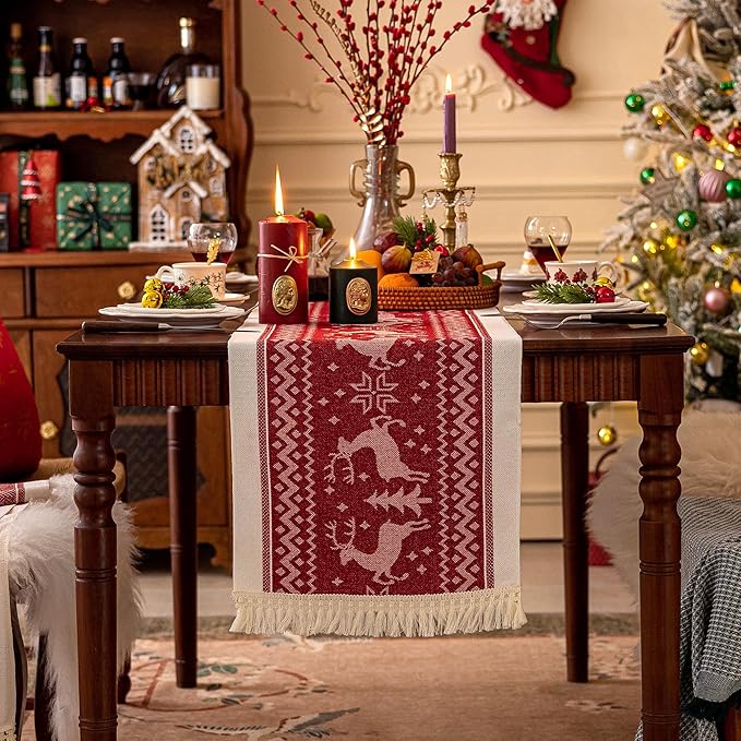 Table Runner 14 x 72 Inch Red Polyester with Fringe Trim