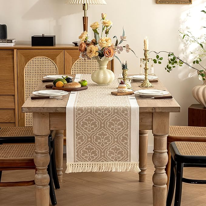 Table Runner in Coffee Boho Polyester with Fringe, 14 x 138 Inches