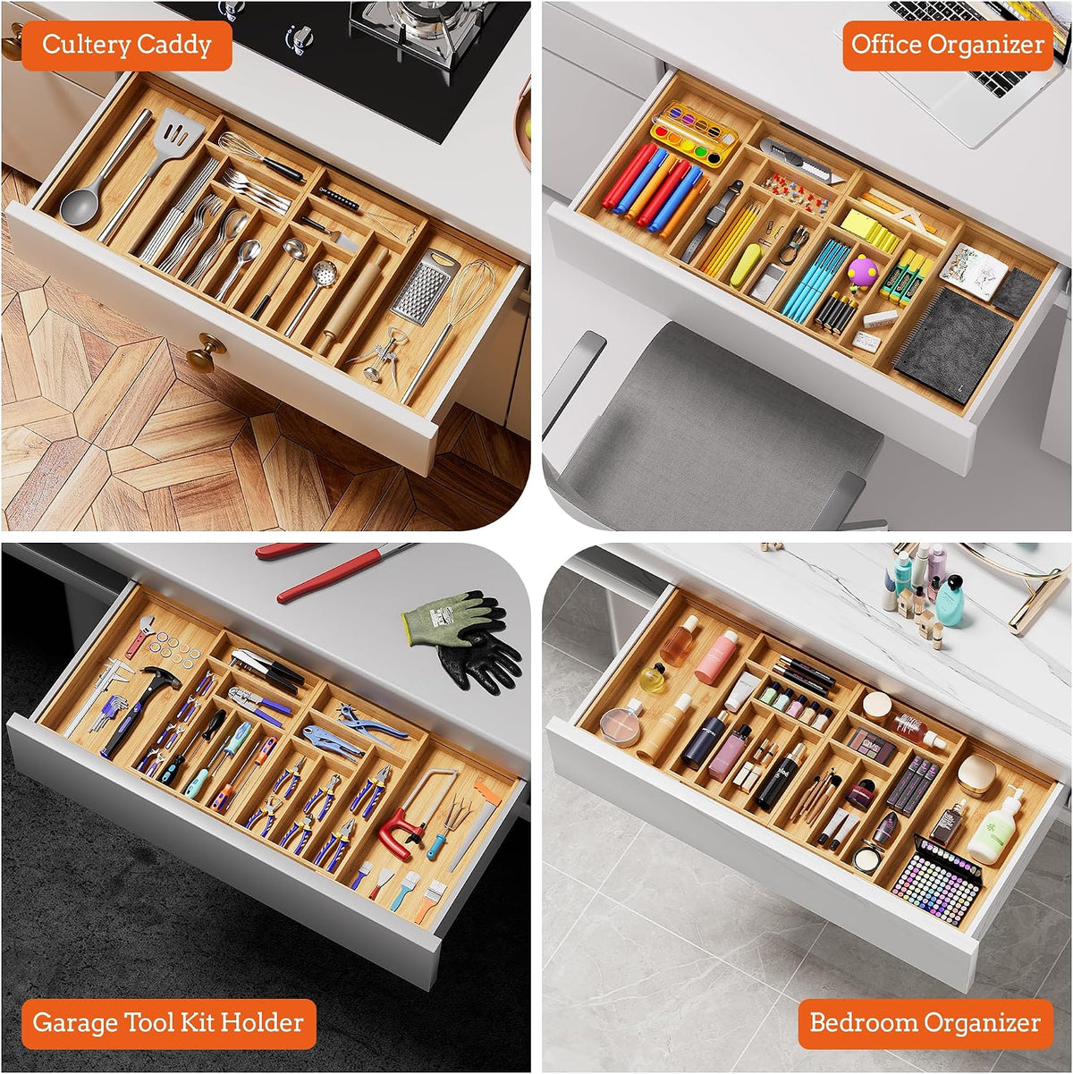 Silverware Organizer Large, Magnetic Connected Expandable 13 Slots Silverware – another angle
