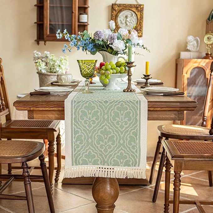 Table Runner Polyester Boho, 14 x 138 Inch, Green