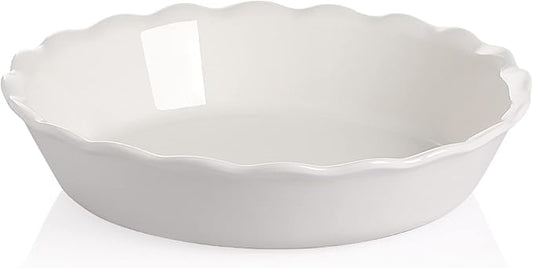 Sweejar Ceramic Pie Pan - 10 Inch Round Baking Dish for Dinner, Non-Stick with Soft Wave Edge for Apple, Pumpkin and Pot Pies (White)