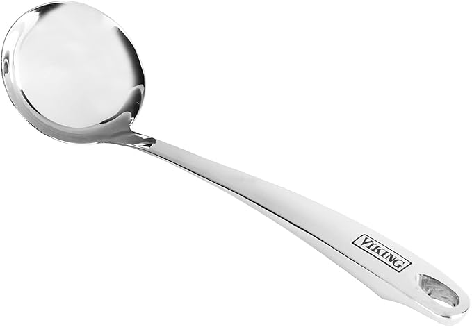 Viking Kitchen Utensils Set, 6 Piece Stainless Steel Cooking Utensil Set, Includes Spatulas, Spoons, Pasta Fork, and Deep Ladle, Hollow Forged, Silver