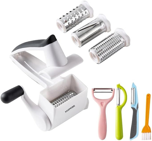 Rotary Cheese Grater with 3 Stainless Steel Drums – Manual Hand Crank Parmesan Grater for Cheese, Nuts, Chocolate & Vegetables – Deluxe Kitchen Tool Set with 3 Peelers and Cleaning Brush