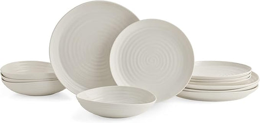 Portmeirion Sophie Conran 12 Piece Coupe Dinnerware Set - Dinner Plates, Side Plates & Bowls, Porcelain Kitchen Tableware for Everyday Dining & Entertaining - Durable & Dishwasher Safe