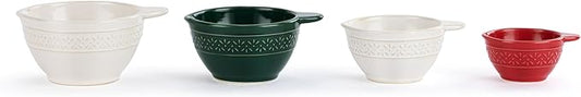 DEMDACO Baking Holiday Memories Red, Green, White Glossy Ceramic Stoneware Festive Christmas Kitchen Countertop Accessory Décor, Embossed Detail, Christmas Measuring Cups, Set of 4