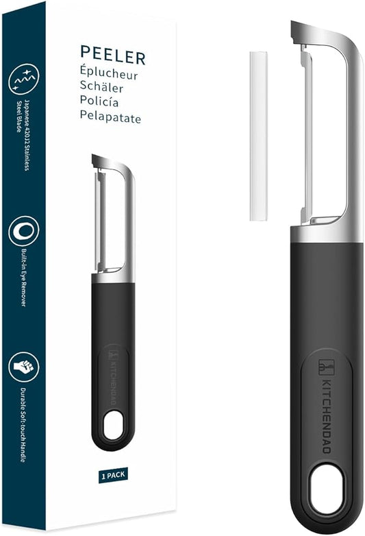 KITCHENDAO Swivel Vegetable Potato Peeler for Kitchen -Durable Japanese 420J2 Stainless Steel Sharp Dual Blade- Built-in Eye Remover, Ergonomic Soft-Touch Handle - Dishwasher Safe-Black