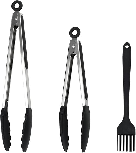Kitchen Tongs, 2pcs Barbecue Tongs 10 inch & 12 inch with Silicone Tips, 1pc Brush Stainless Steel Cooking Tongs with Heat Resistant Handle for BBQ Serving, Grilling, Buffet, Dishwasher Safe (Black)
