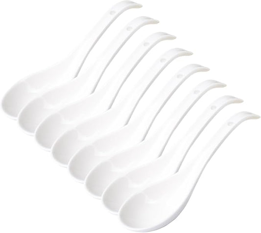 Soup Spoons Set of 8, Ceramic Chinese Soup Spoon, Asian Soup Spoons, White Japanese Spoon Large for Ramen Pho Wonton Dumpling Miso, Deep Oval Hook Design (8 pcs-6.7 inch)
