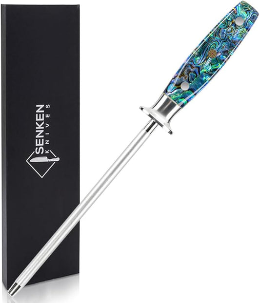 SENKEN Professional Emery Knife Sharpening Steel - Incredibly Strong Emery Rod for Sharpening & Honing Knives Up to 63 HRC Including All Damascus Knives ("Umi" Abalone Shell)