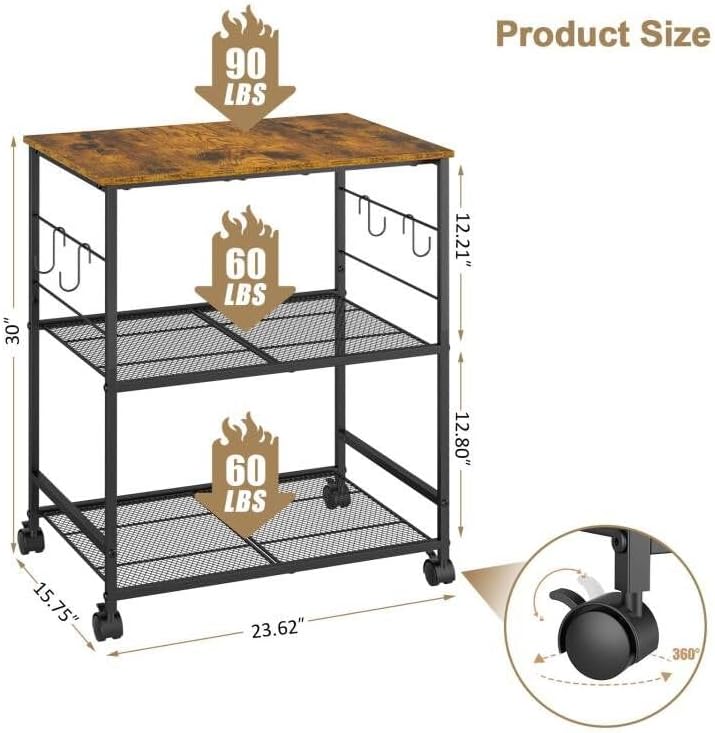 Rolling Kitchen Microwave Cart, 3 Tier Microwave Table Stand with Storage – close-up