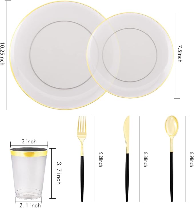 Disposable Black Plates with Gold Rim, 180-Piece Party Set