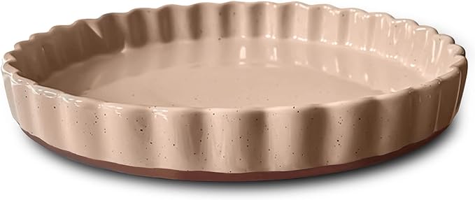 Mora Ceramic Tart Pan, 9.5 Inch Large Porcelain Baking Dish for Tarts, Quiche, Pie, Flan etc. Fluted Ruffled Edge, Oven, Microwave, Freezer, and Dishwasher safe - Great Gift For Bakers - Chai