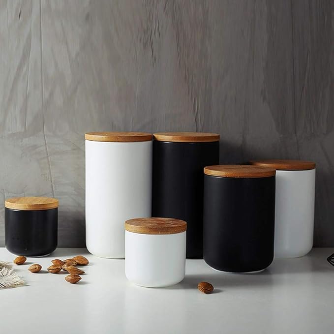 Food Storage Canister with Bamboo Lid, Black Ceramic, 8.7 oz