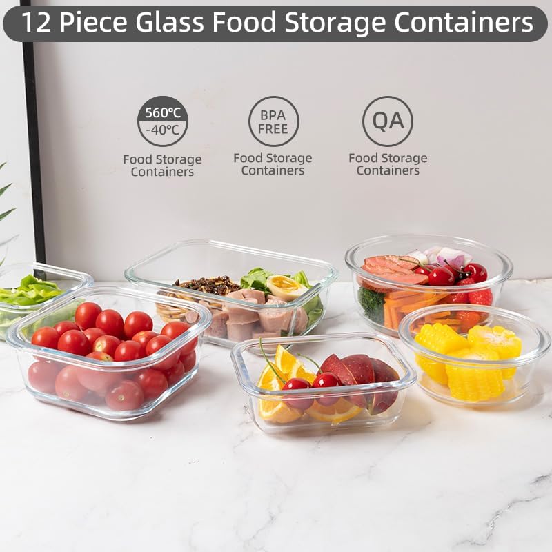 12 Pack Glass Storage Containers Transparent, Stackable Design Meal Prep – size reference