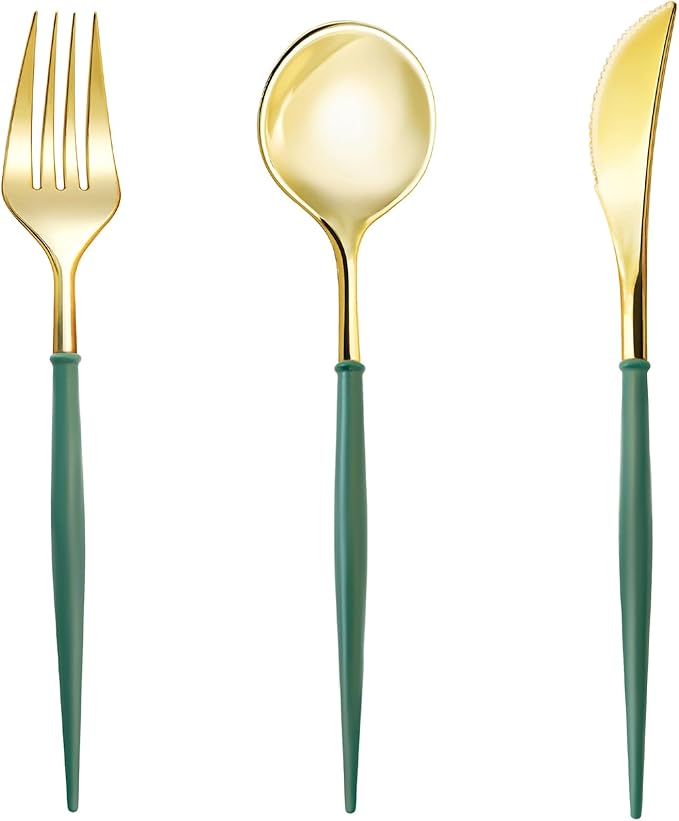 Plastic Spoons, Forks and Knives Set, 90 Pieces, Gold with Green Handles