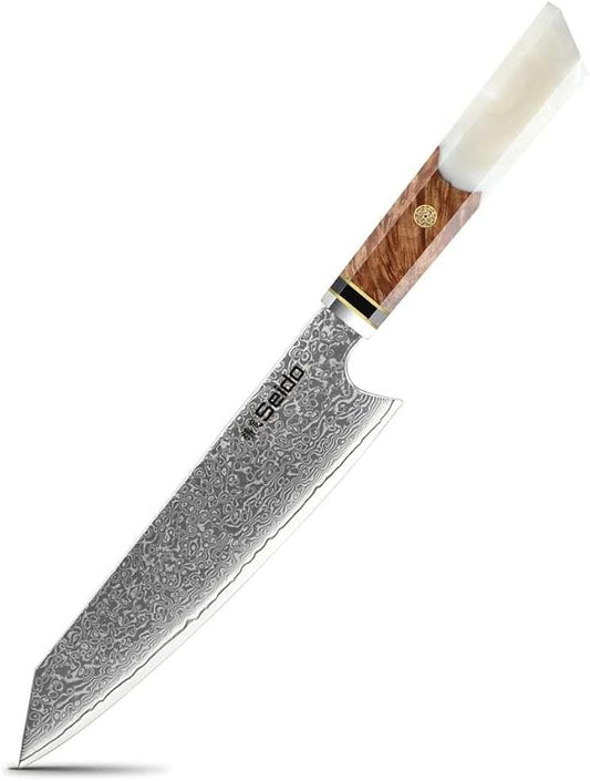 Seido Knives Kiritsuke Damascus Steel Chef Knife Epoxy Resin Stabilized Wood Handle Professional Kitchen Knife VG10 High Carbon Stainless Steel, Pearl White