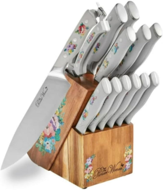 Pioneer Woman 14-Piece Stainless Steel Knife Block Set, Forged High-Alloy Blades, Full-Tang Handles, Acacia Wood Gray Floral