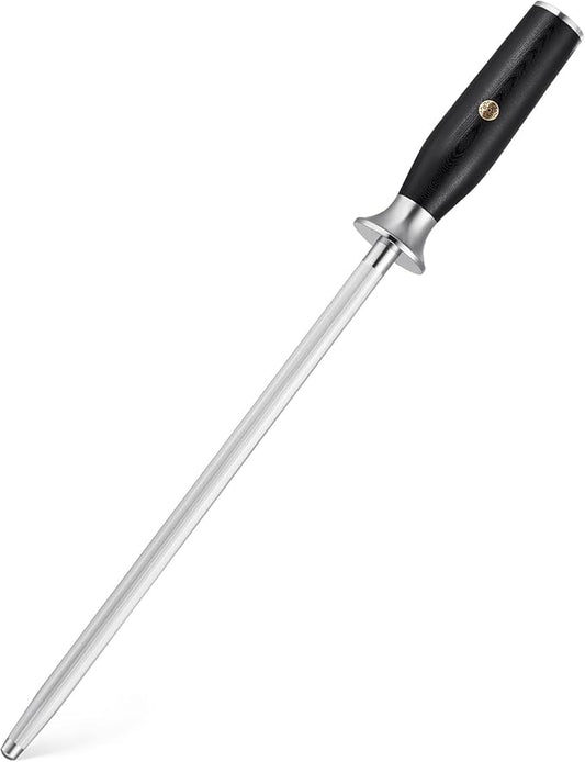 KYOKU 10 in. Honing Steel, Shogun Series Honing Rod with G10 Fiberglass Handle & Metal Hand Guard, Full Tang Knife Sharpener Rod, Sharpening Steel Knife Sharpener for Rolled Knife Edges with Gift Box
