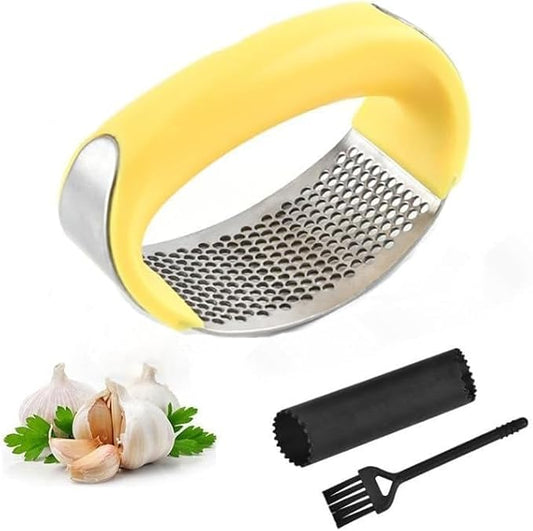 Angel's Peel Lounge Stainless Steel Garlic Press Rocker Set with Silicone Garlic Peeler & Cleaning Brush – Garlic Chopper, Mincer, Grater, Crusher – Easy for Crushed Cloves – Rust-Resistant, Yellow