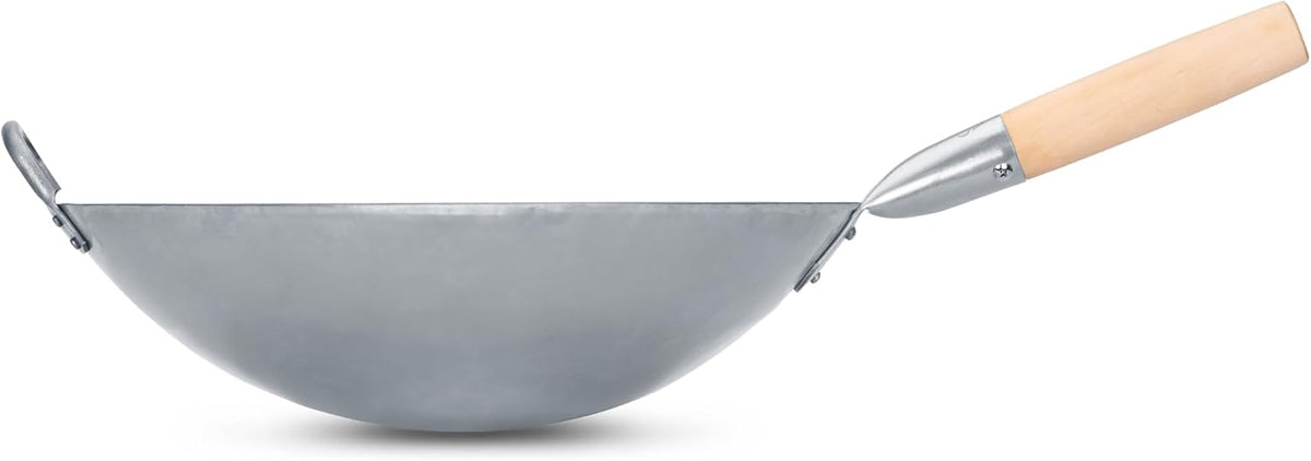 Traditional Hand Hammered Chinese Carbon Steel Wok with Wooden and Steel Helper – another angle