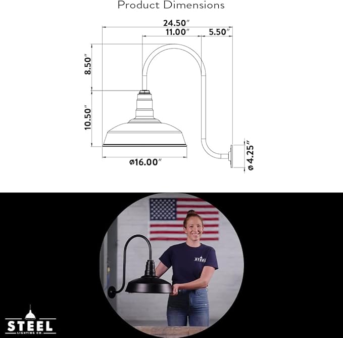 Steel Lighting Co. Gardena Barn Light | Outdoor Wall Mounted | 16" Dome | 16" Gooseneck | Farmhouse Light Made in America | Gray Blue Exterior/Brass Interior