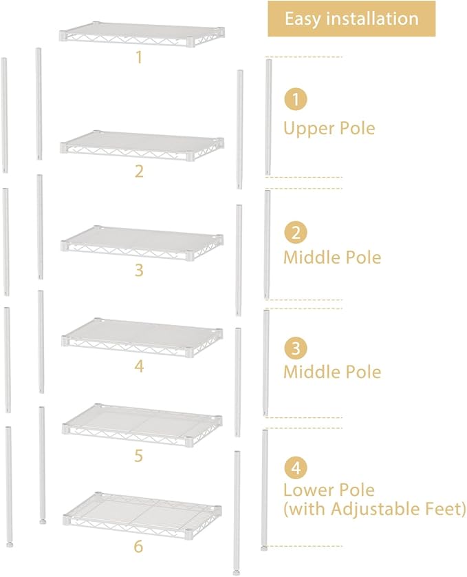 Standing Shelf Unit 6 Tier Metal Wire Rack with Wheels, Narrow