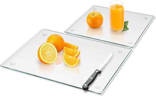 Tempered Glass Cutting Board for Kitchen, Clear Glass Board for Countertop, Heat Resistant, with Non-Slip Feet, 12x16" & 12x8" 2 Pcs Clear