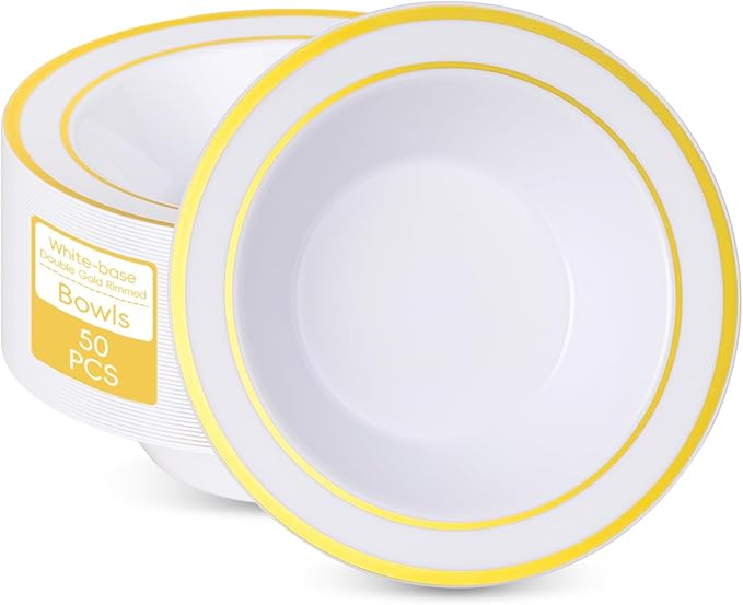 Disposable Bowls 12 oz White Plastic with Gold Rim, 50 Count