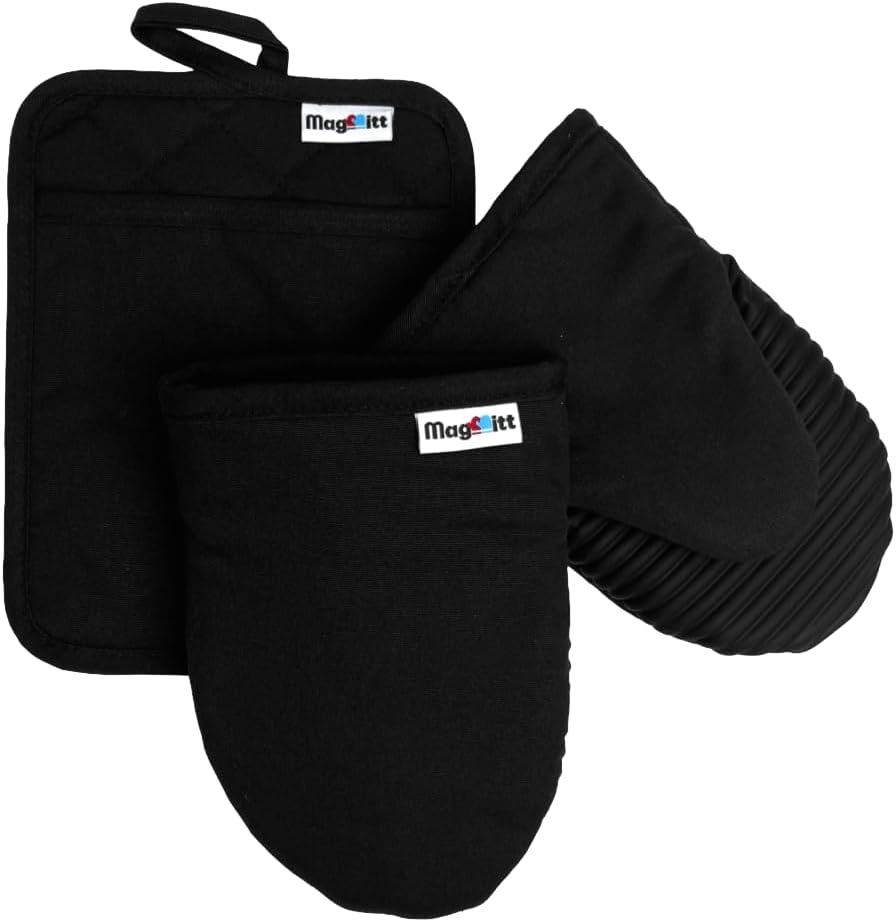 Magnetic Oven Mitts & Pot Holder 3 Pc Set, High Heat Silicone Black