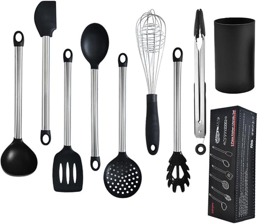 KSENDALO 9-Piece Silicone Cooking Utensils Set with Holder, Heat Resistant Kitchen Utensils Set of Slotted Spatula, Spoons, Whisk, Tong, Non Toxic Black Kitchen Tool Set for Nonstick Cookware, Black