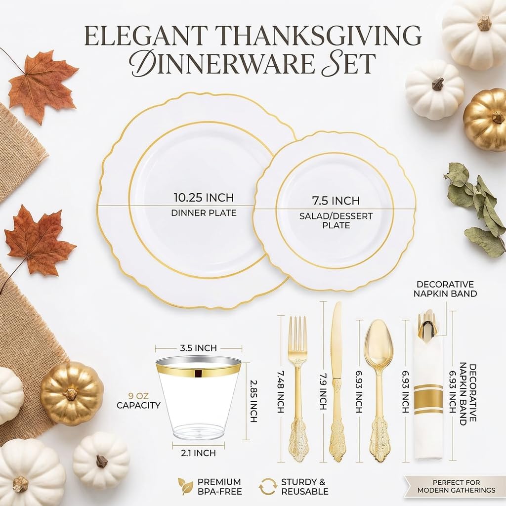 350PCS Gold Plastic Plates-Disposable White and Gold Plates Baroque Plastic – alternate view
