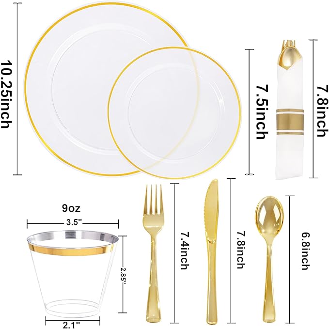 Plates Set, Gold Rim and Clear Plastic, 175 Pieces for 25 Guests