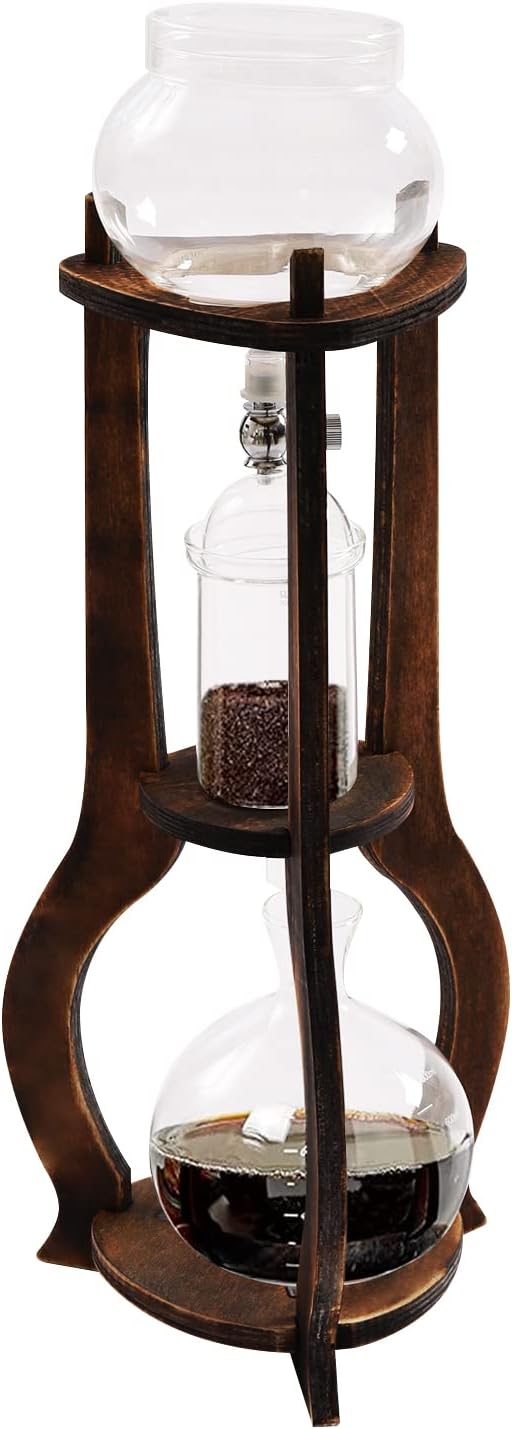Cold Brew Coffee Maker, 600 ml/20.29 oz Iced Coffee Tower Dripper Coffee Maker & Tea Maker 6-8 Cups, High Borosilicate Glass, Wood, 304 Stainless Steel, Copper - for Home Office (Brown)