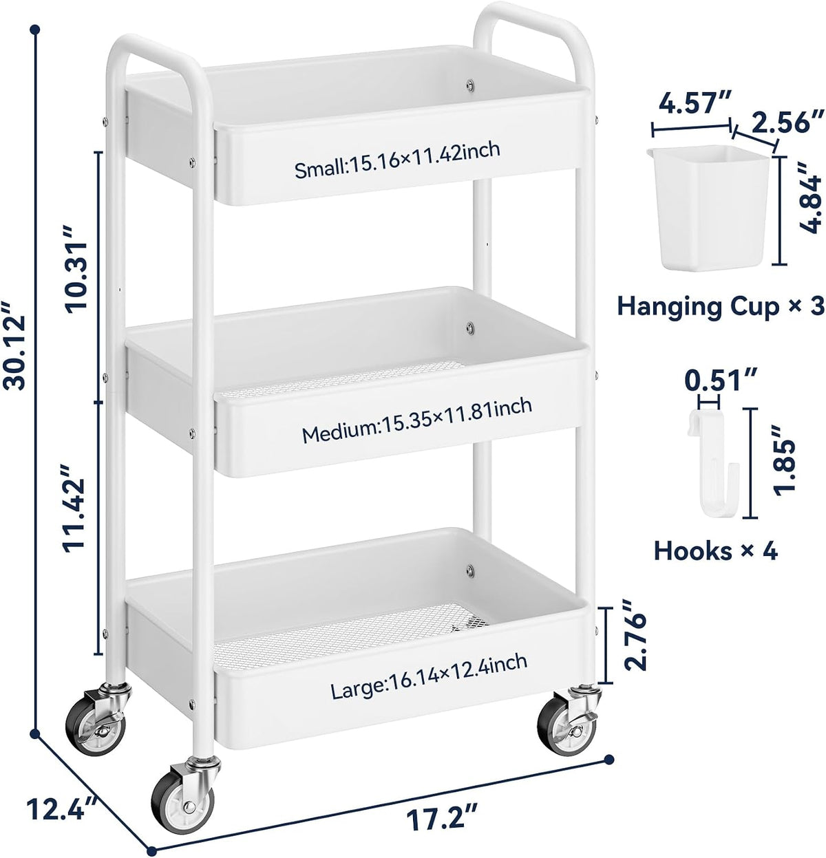 3 Tier Rolling Cart, Heavy Duty Metal Utility Cart with Wheel White – size reference