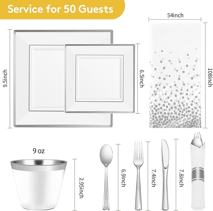 Plates Set, Square Silver Plastic Party Dinnerware for 50 Guests