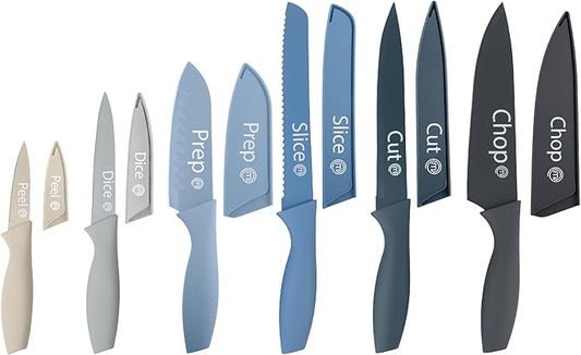MasterChef Kitchen Knife Set with Covers, 6 Professional Chef Knives for Home Kitchens, Extra Sharp Cutting Stainless Steel Blades & Protective Sheaths, Soft-Touch Easy-Grip Handles, Nordic Blues