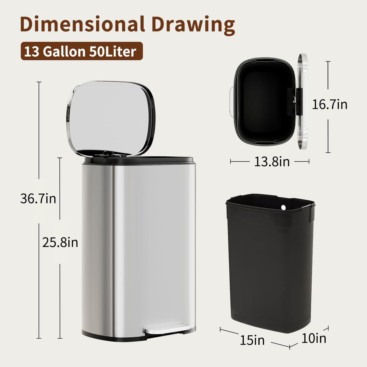 | 13G Trash Can with Lid | Steel | Removable Inner Bucket – set view