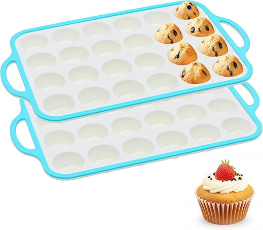 Silicone Mini Muffin Pan With Metal Reinforced Frame - 24 Cups Durable Silicone Cupcake Pan for Muffin, Cupcakes, BPA Free and Dishwasher Safe - 2 Piece Blue