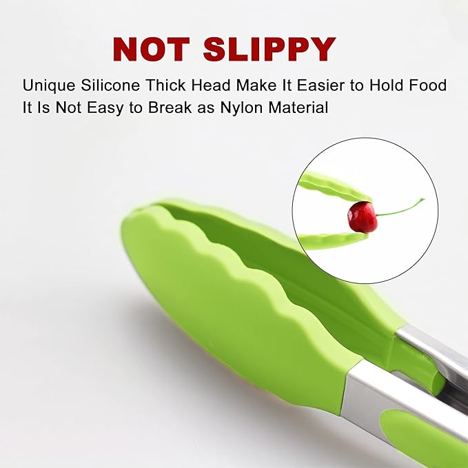4 Pack Green Kitchen Tongs, Premium Silicone BPA Free Non-Stick Stainless Steel BBQ Cooking Grilling Locking Food Tongs, 9-Inch & 12-Inch