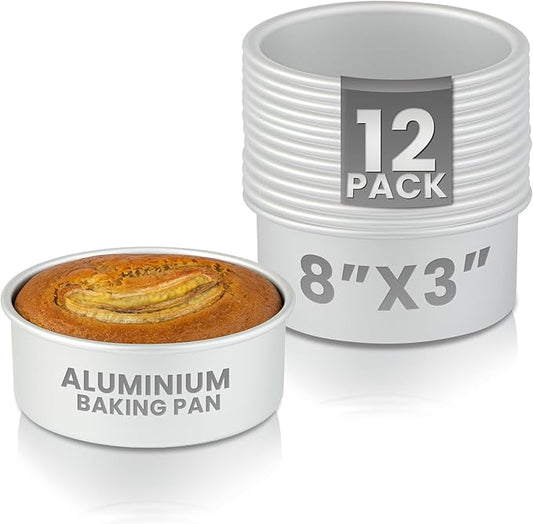 Restaurantware-Met Lux 8 x 3 Inch Straight-Sided Baking Tins, 12 Round Cake Pans - Oven-Ready, Freezable, Anodized Aluminum Round Baking Pans, Greaseproof, For Layer Birthday Cakes