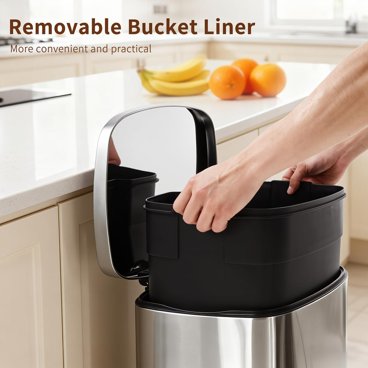 | 13G Trash Can with Lid | Steel | Removable Inner Bucket – features